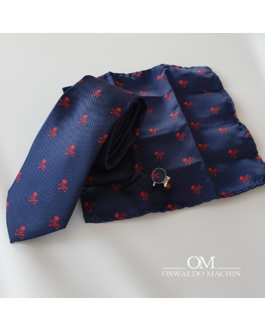 Pack de corbata, pañuelo y gemelos, azul marino con dibujos de calaveras en rojo