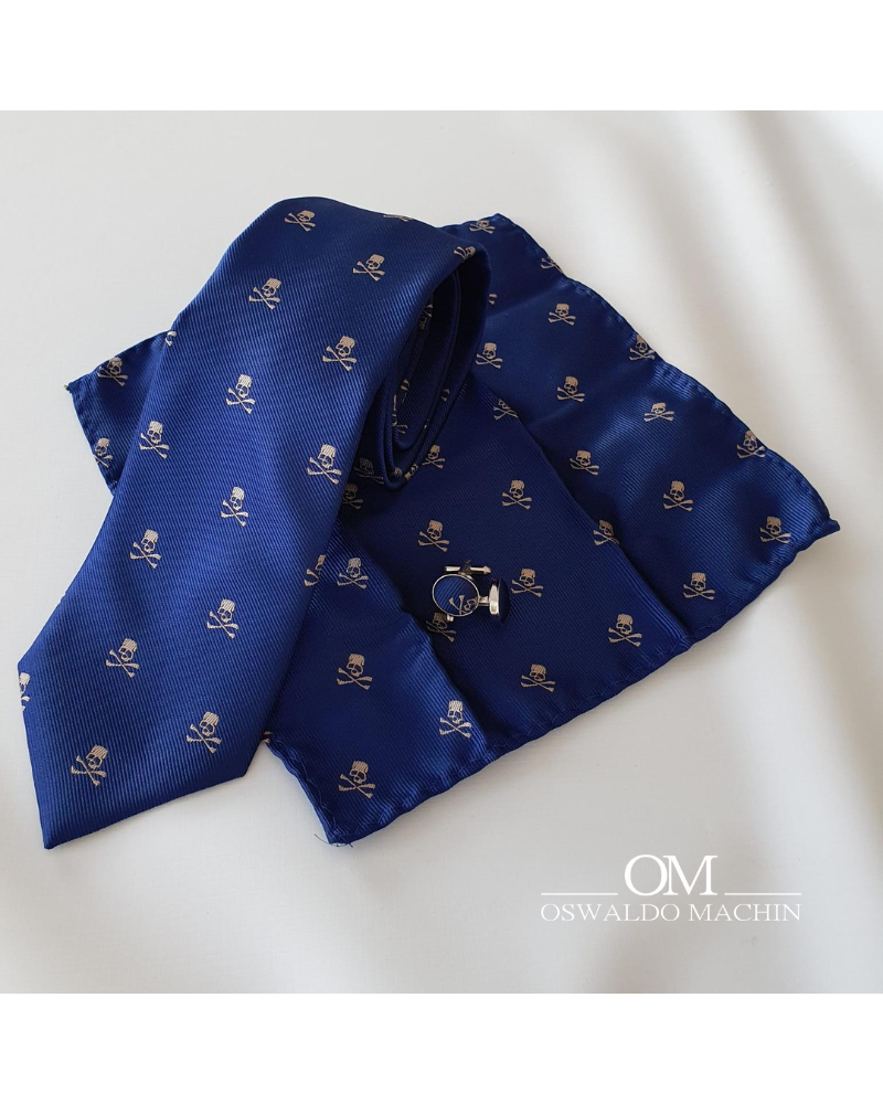 Pack de corbata, pañuelo y gemelos, azul marino con calaveras en beige