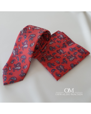 Pack corbata  y pañuelo rojo con cachemir en tonos blancos y azul