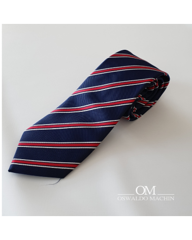 Corbata azul marina con rayas rojas y blancas