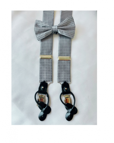 Pack tirantes y pajarita gris con topos negros