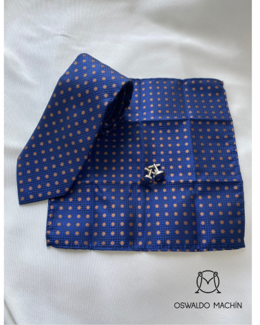 Pack corbata, pañuelo y gemelos, azul marino topos mostaza