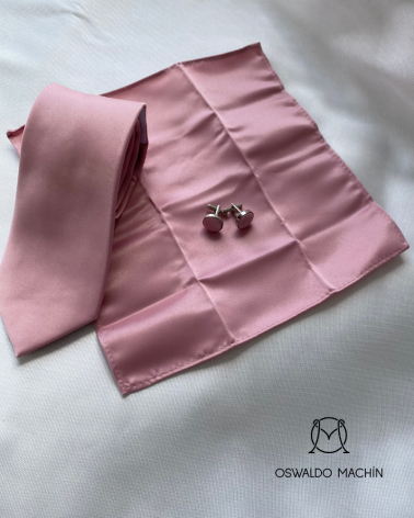 Pack corbata, pañuelo y gemelos en color rosa
