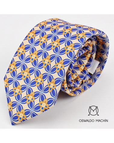 Corbata beige con estampado floral azul y dorado