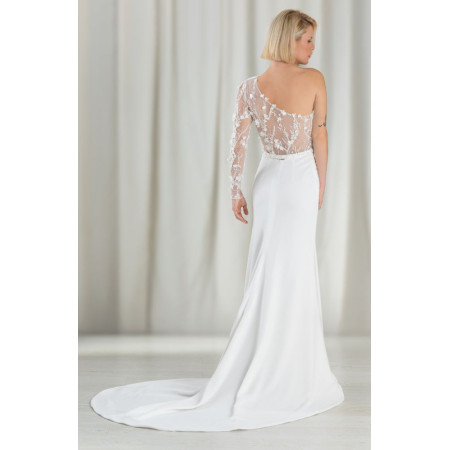 Vestido Novia Liso Con Escote Asimétrico | Transparencia y Pedrería