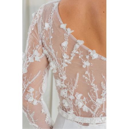 Vestido Novia Liso Con Escote Asimétrico | Transparencia y Pedrería