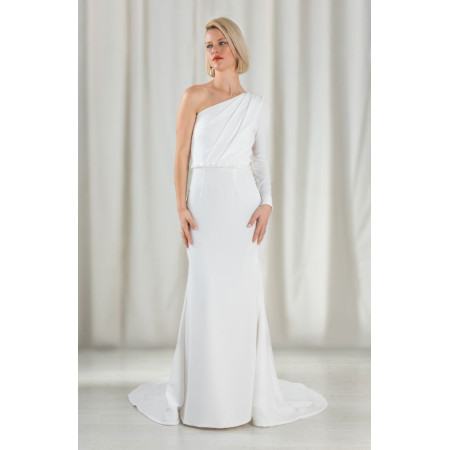 Vestido Novia Liso Con Escote Asimétrico | Transparencia y Pedrería