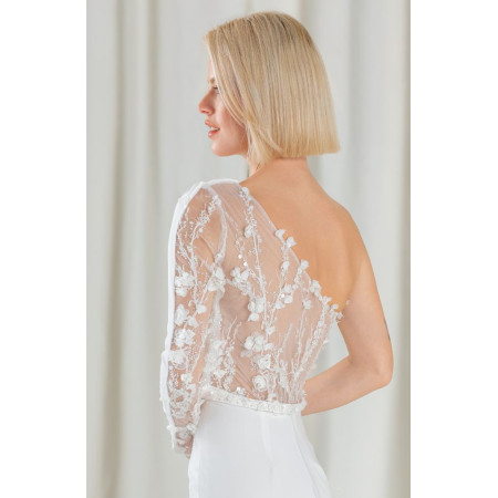 Vestido Novia Liso Con Escote Asimétrico | Transparencia y Pedrería