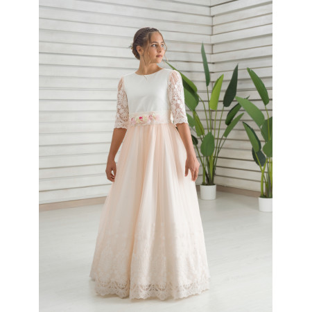 HORTENSIA | Vestido Comunión Bicolor | Blanco y Rosa Melocotón | Oswaldo Machín