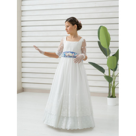 HEIDI | Vestido Comunión Tul Bordado | Fajín Flores Azul