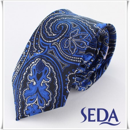 Corbata seda negra con estampado en cachemir azul