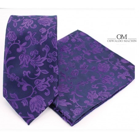 Pack corbata y pañuelo azul marino con estampado flores violeta