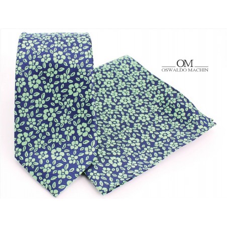 Pack corbata pañuelo azul marino con estampado flores verde