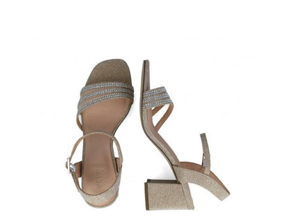 Sandalia glitter tres tiras tacón cuadrado corto