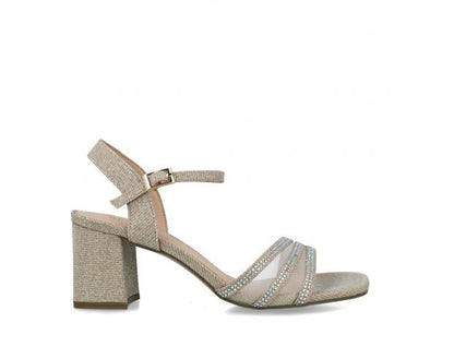 Sandalia glitter tres tiras tacón cuadrado corto