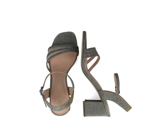 Sandalia glitter tres tiras tacón cuadrado corto
