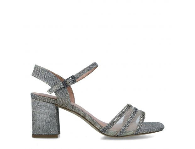 Sandalia glitter tres tiras tacón cuadrado corto