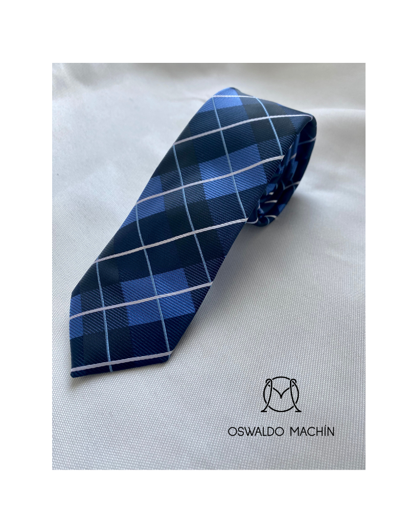 Corbata con diseño de cuadros, azul, azul marino y rayas blancas