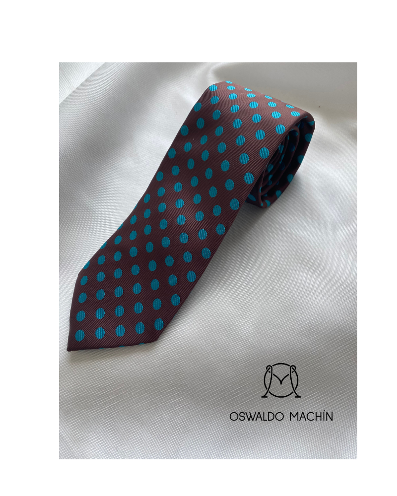 Corbata con topos turquesa con fondo marrón