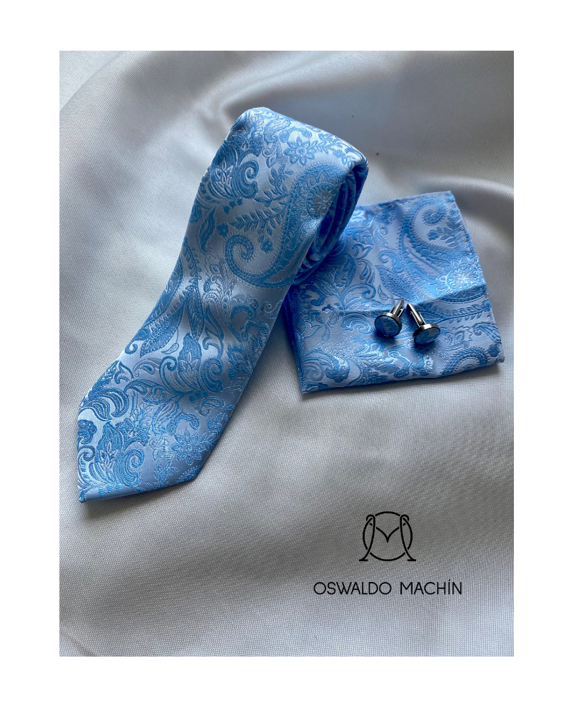 Pack corbata, pañuelo y gemelos estampado cachemir en tonos azul y plata