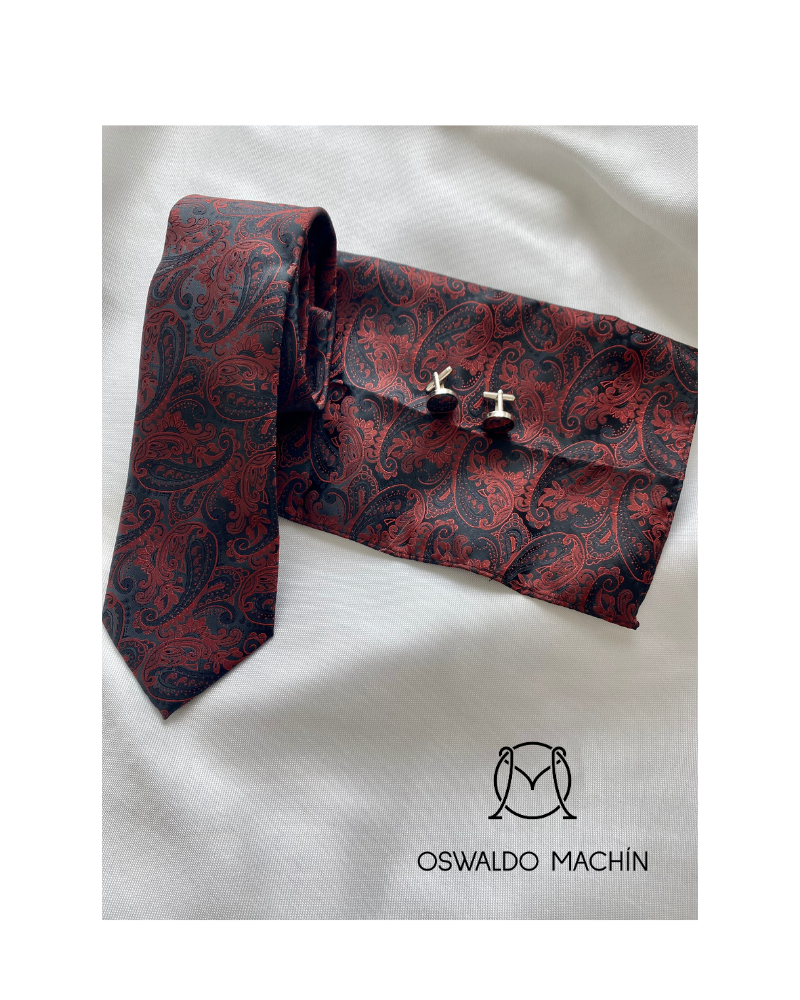 Pack corbata, pañuelo, gemelos estampado cachemir rojo, negro