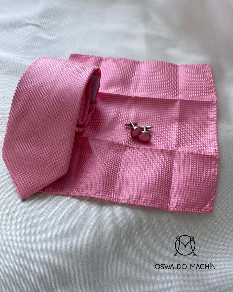 Pack corbata, pañuelo y gemelos, color rosa y blanco