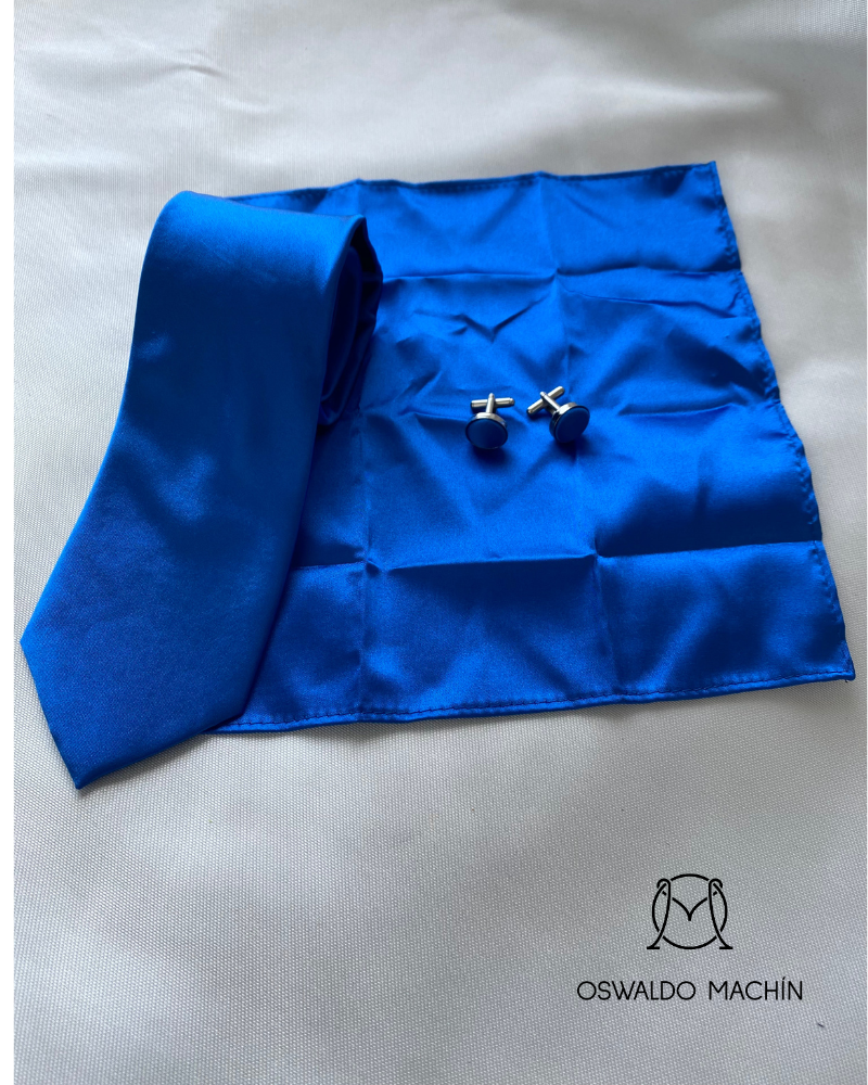 Pack corbata, pañuelo y gemelos, liso en color azul eléctrico
