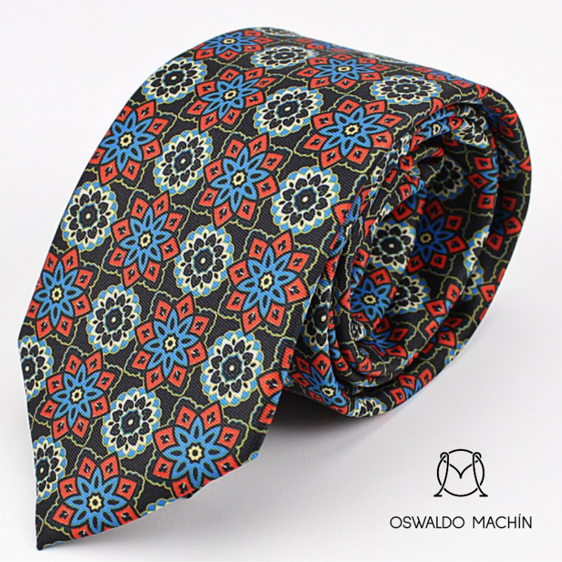 Corbata negra con estampado floral multicolor