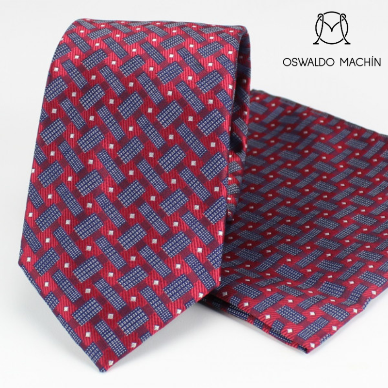 PACK DE CORBATA Y PAÑUELO ROJO CON CUADROS NEGROS Y BLANCOS