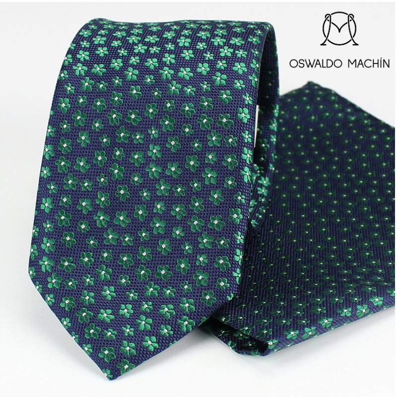 Pack corbata y pañuelo azul marino con estampado floral verde