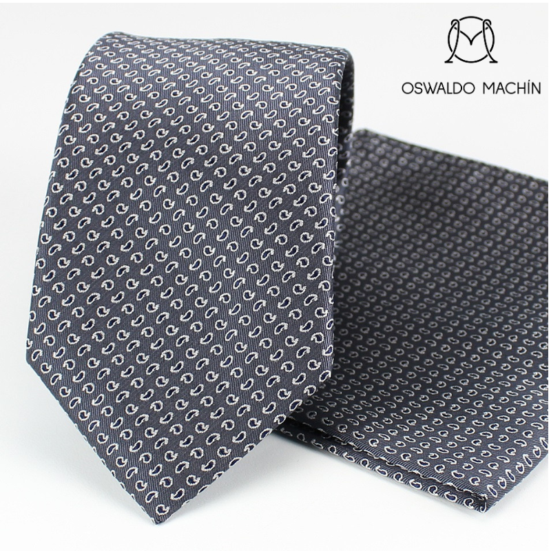 Pack de corbata y pañuelo gris con estampado de gotas blancas