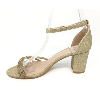 Sandalias Tacón Brillo Dorado Tres Tiras Fiesta Elegante