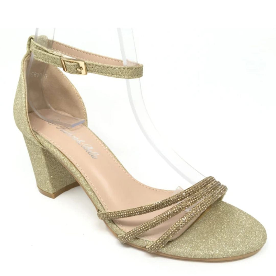 Sandalias Tacón Brillo Dorado Tres Tiras Fiesta Elegante