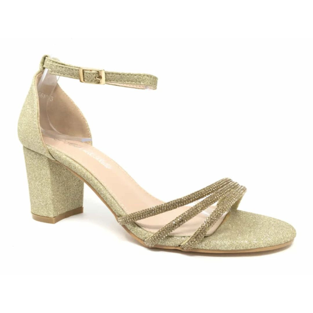 Sandalias Tacón Brillo Dorado Tres Tiras Fiesta Elegante
