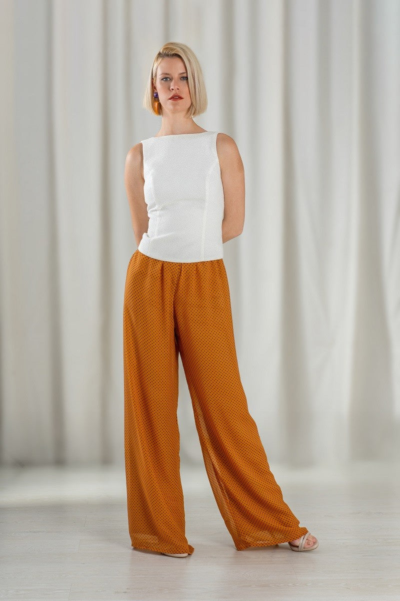 Pantalón Ancho De Chiffon Con Lunares y Cintura Alta