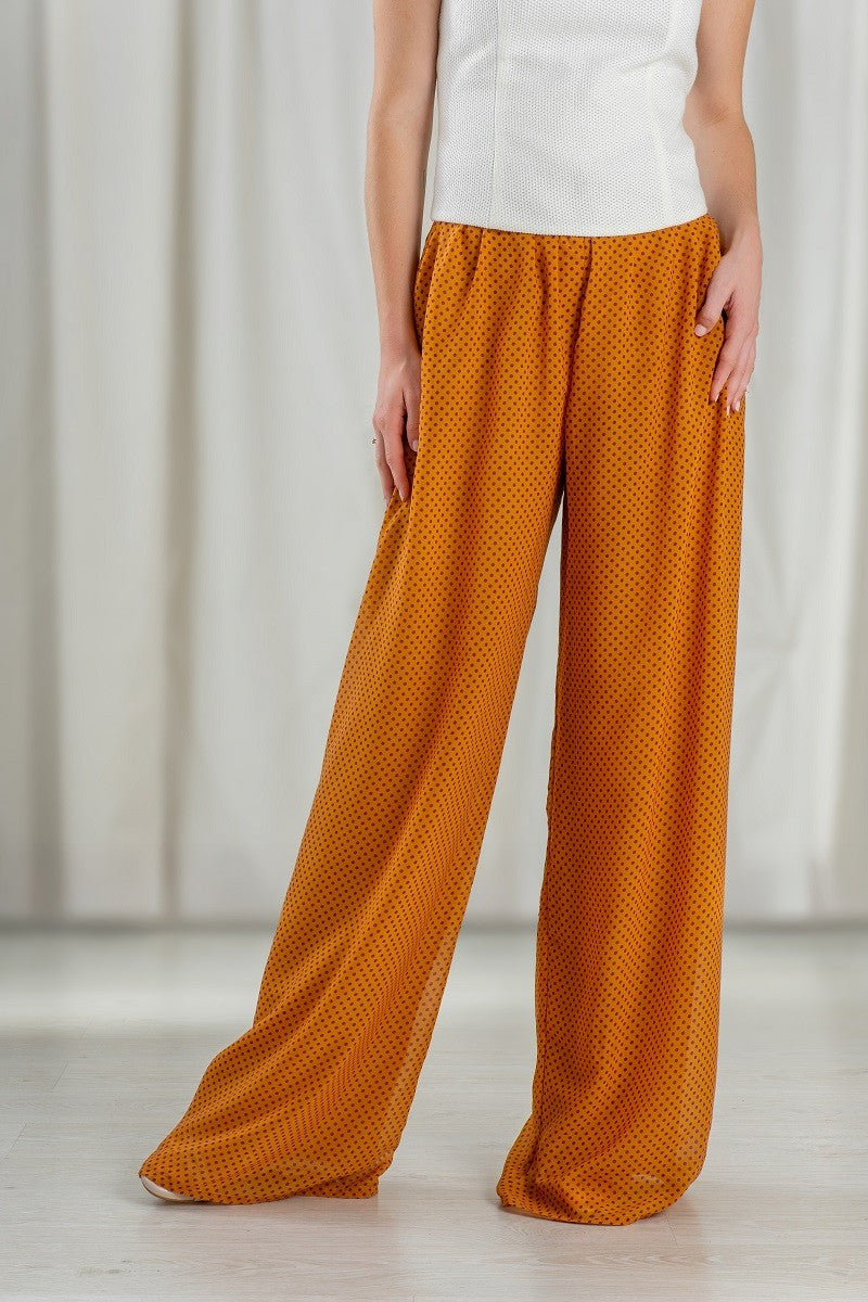 Pantalón Ancho De Chiffon Con Lunares y Cintura Alta
