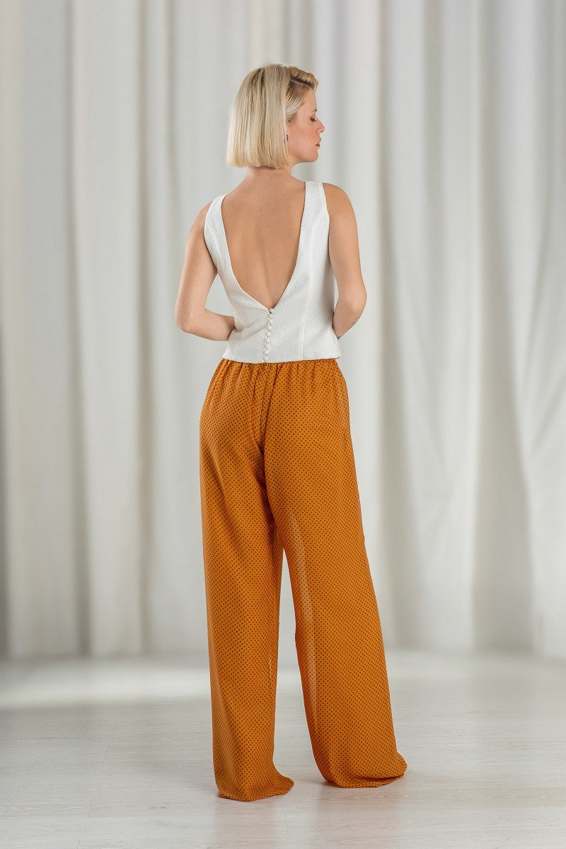 Pantalón Ancho De Chiffon Con Lunares y Cintura Alta