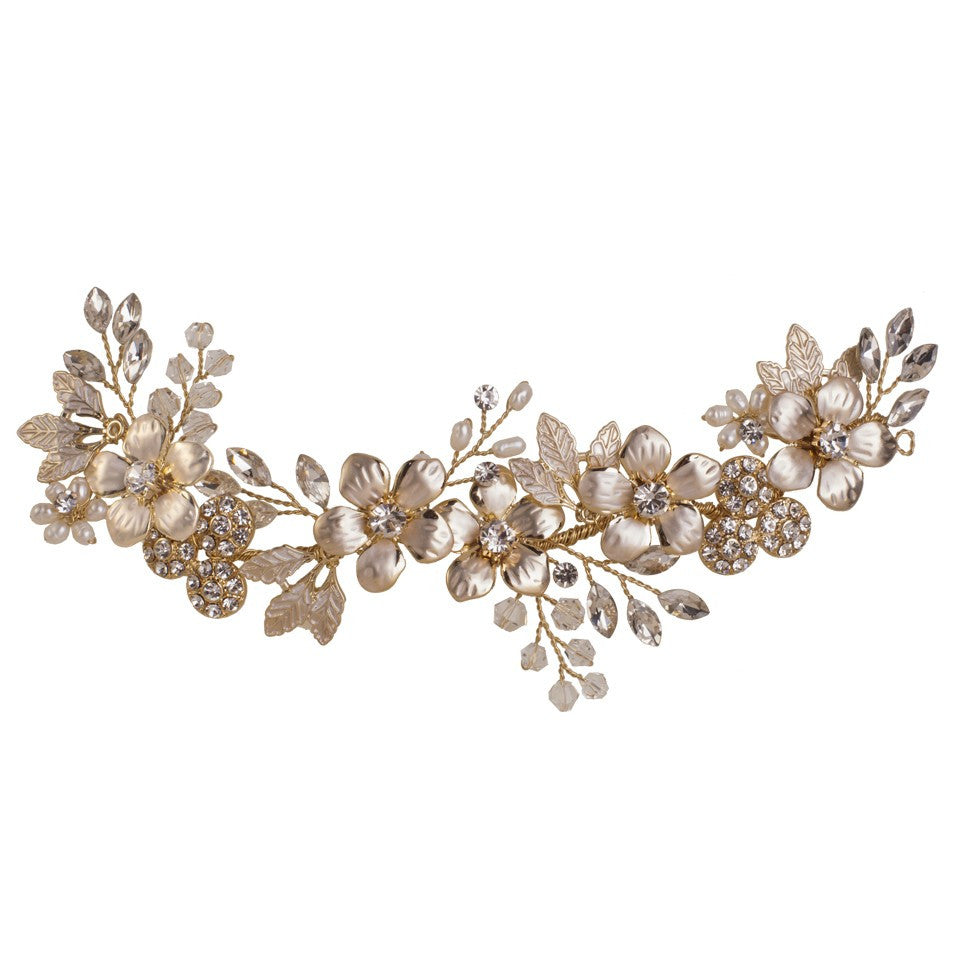 Tocado Novia Oro Con Flores, Hojas y Perlas Naturales