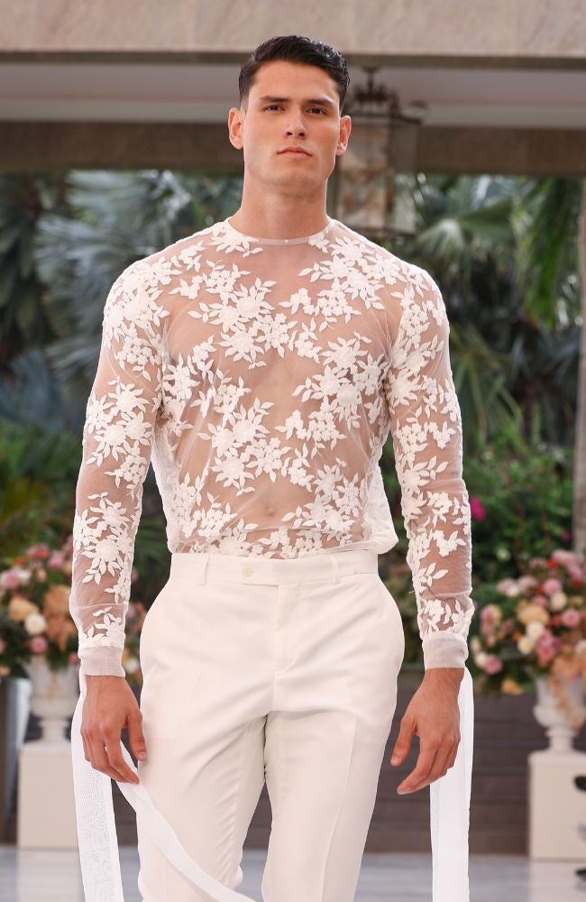 Conjunto Novio Blanco Glamuroso Con Encaje