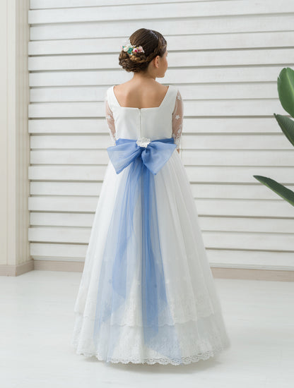HEIDI | Vestido de Comunión Romántico en Tul Bordado y Fajin Azul Pastel