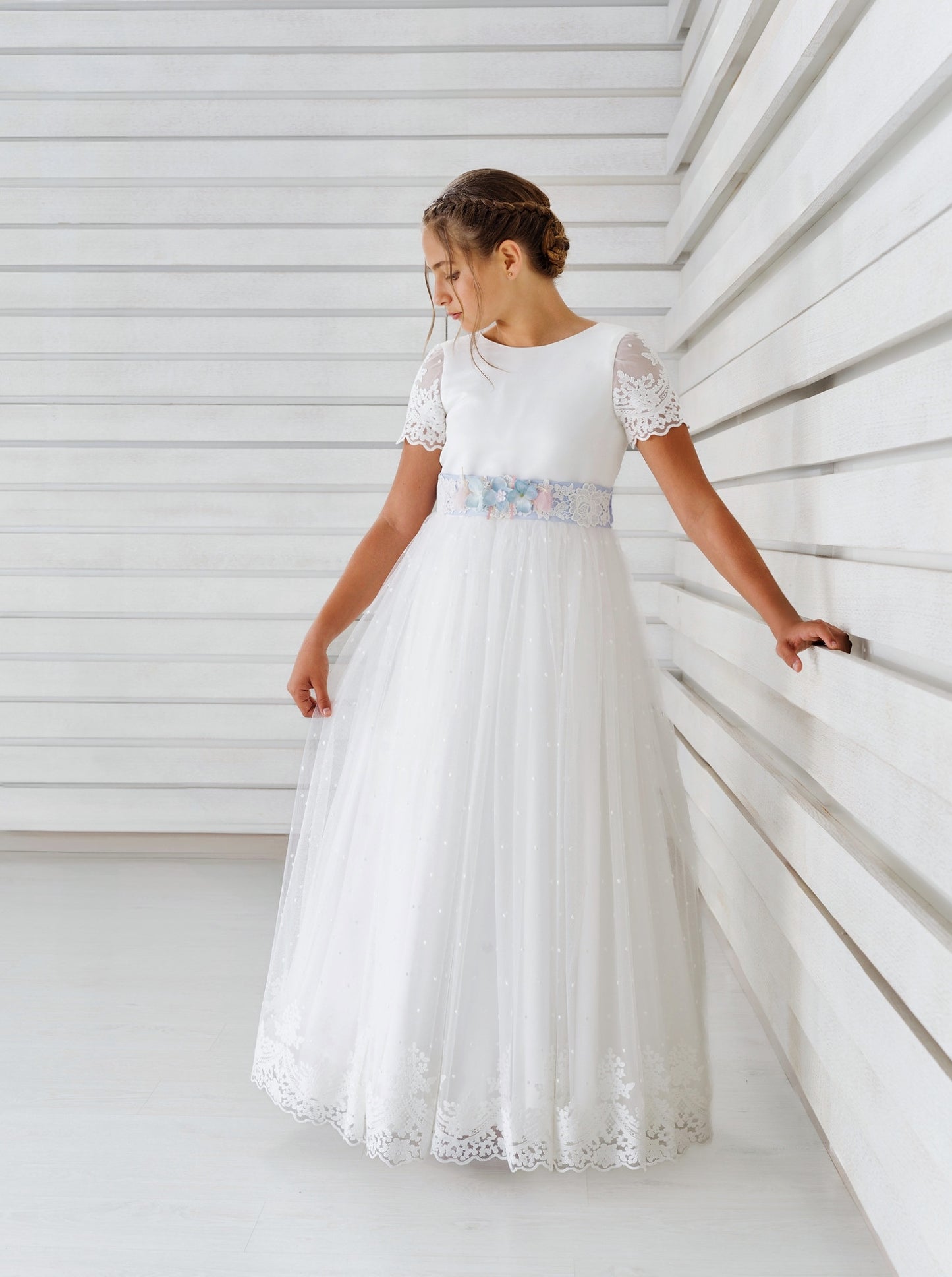 HOLANDA | Vestido de Comunión Romántico en Tul Bordado y Plumeti