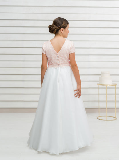 HANNA | Vestido de Comunión Bicolor en Tul Bordado y Gazar de Seda