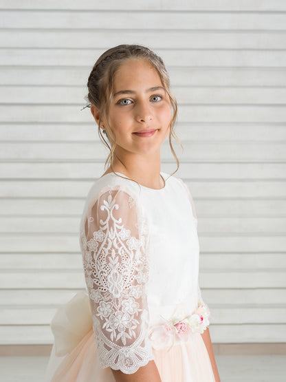 HORTENSIA | Vestido de Comunión Romántico en Tul Bordado Rosa Melocotón y Blanco