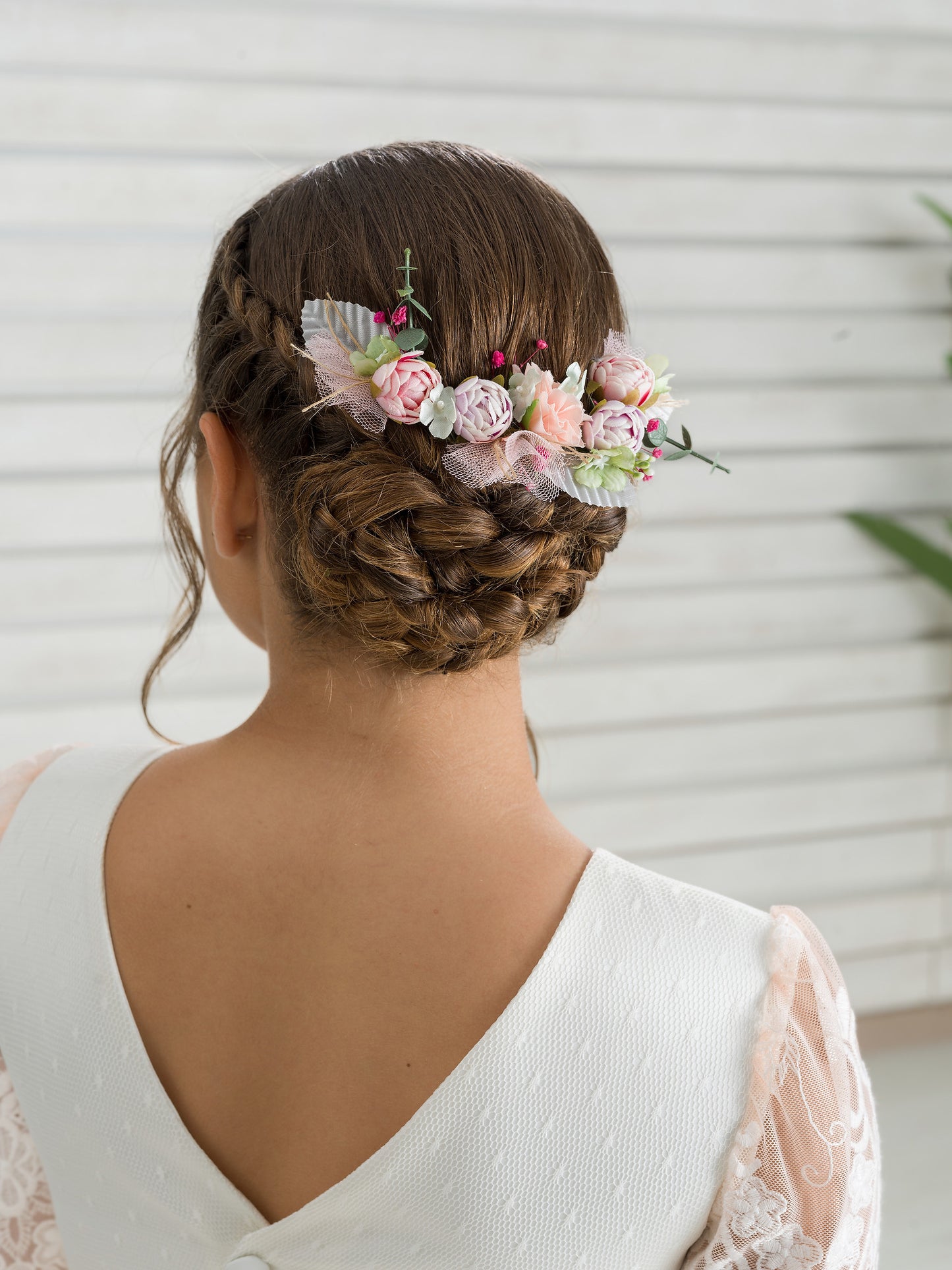 HORTENSIA | Vestido de Comunión Romántico en Tul Bordado Rosa Melocotón y Blanco