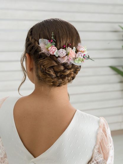 HORTENSIA | Vestido de Comunión Romántico en Tul Bordado Rosa Melocotón y Blanco