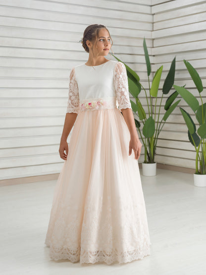 HORTENSIA | Vestido de Comunión Romántico en Tul Bordado Rosa Melocotón y Blanco