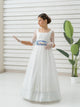 HEIDI | Vestido de Comunión Romántico en Tul Bordado y Fajin Azul Pastel