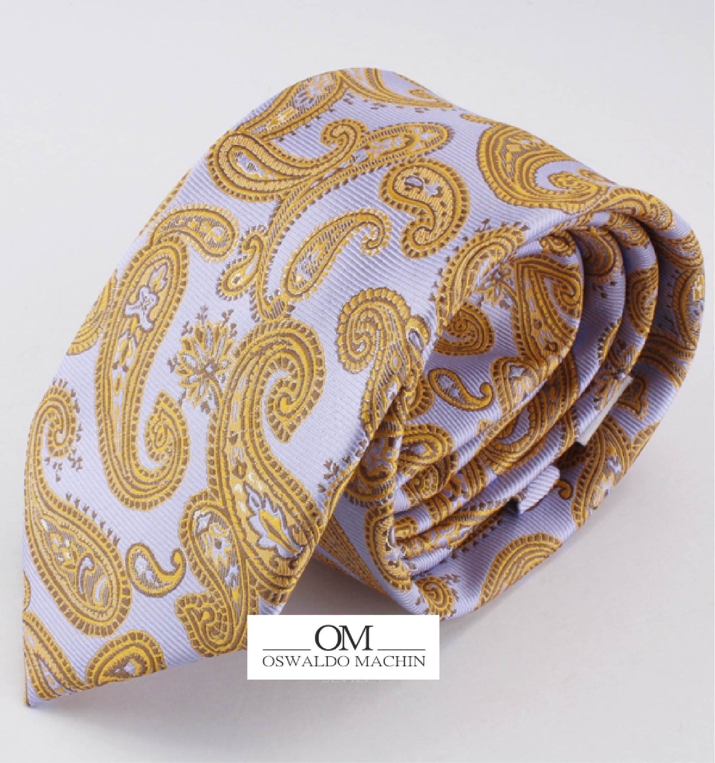 Corbata celeste con estampado en cachemir mostaza