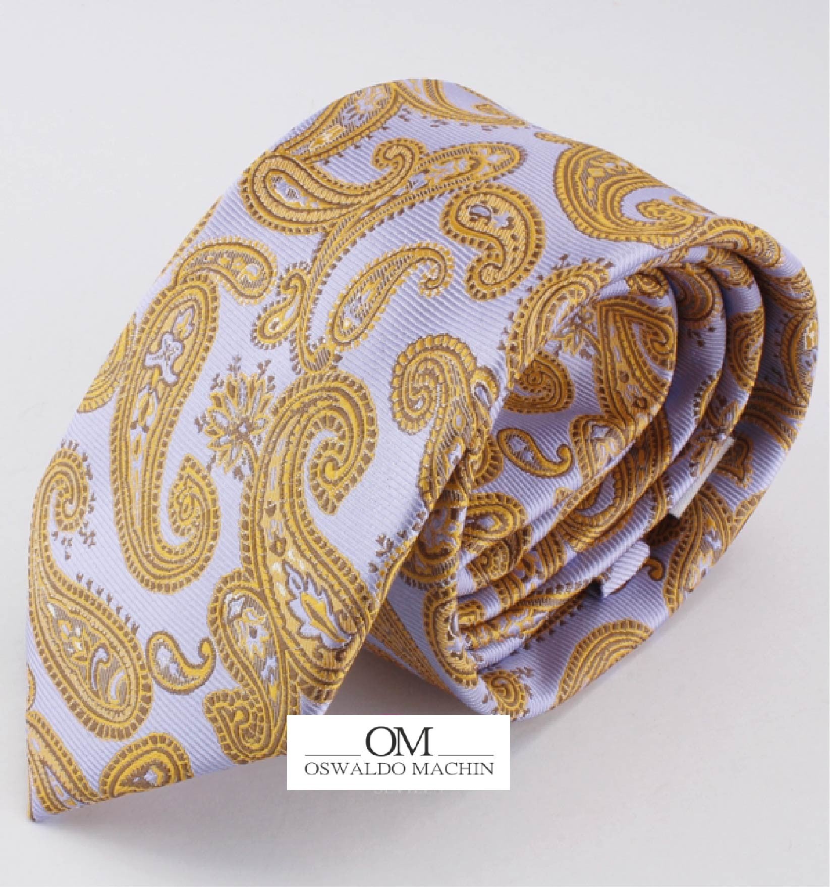 Corbata celeste con estampado en cachemir mostaza