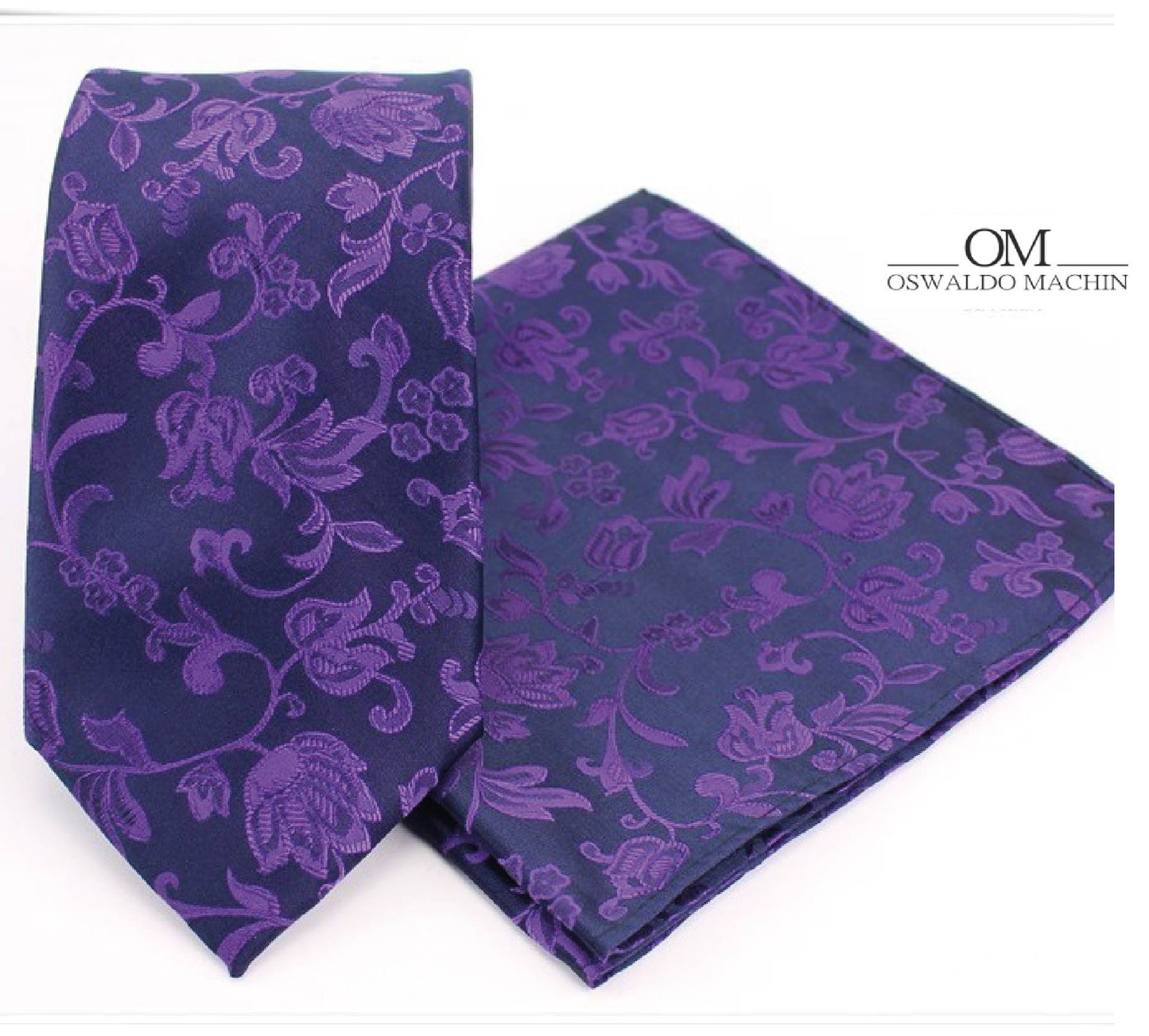 Pack corbata y pañuelo azul marino con estampado flores violeta